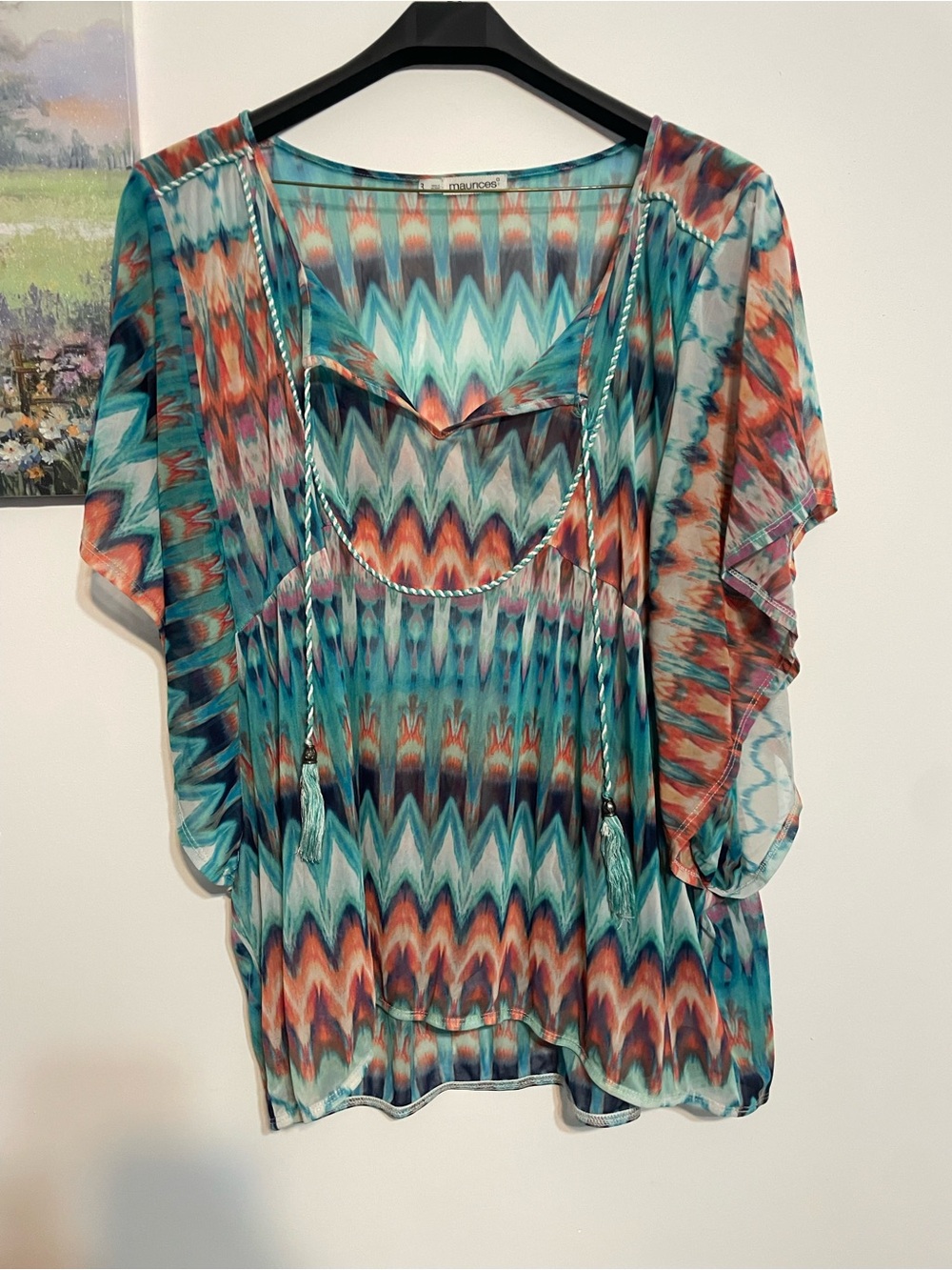 Maurices women teal and coral Chevron Tie-Front Flutter Top